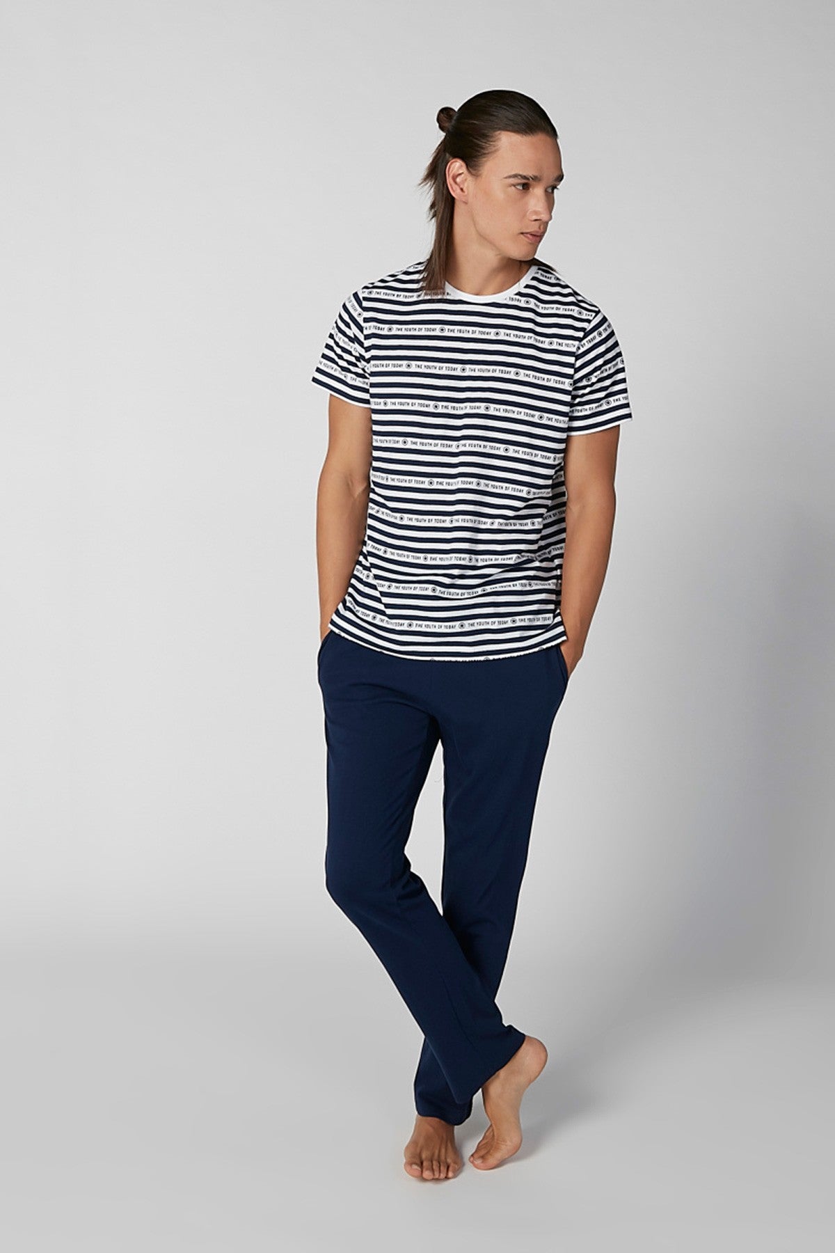 Striped Round Neck T-shirt and Plain Pyjama Set