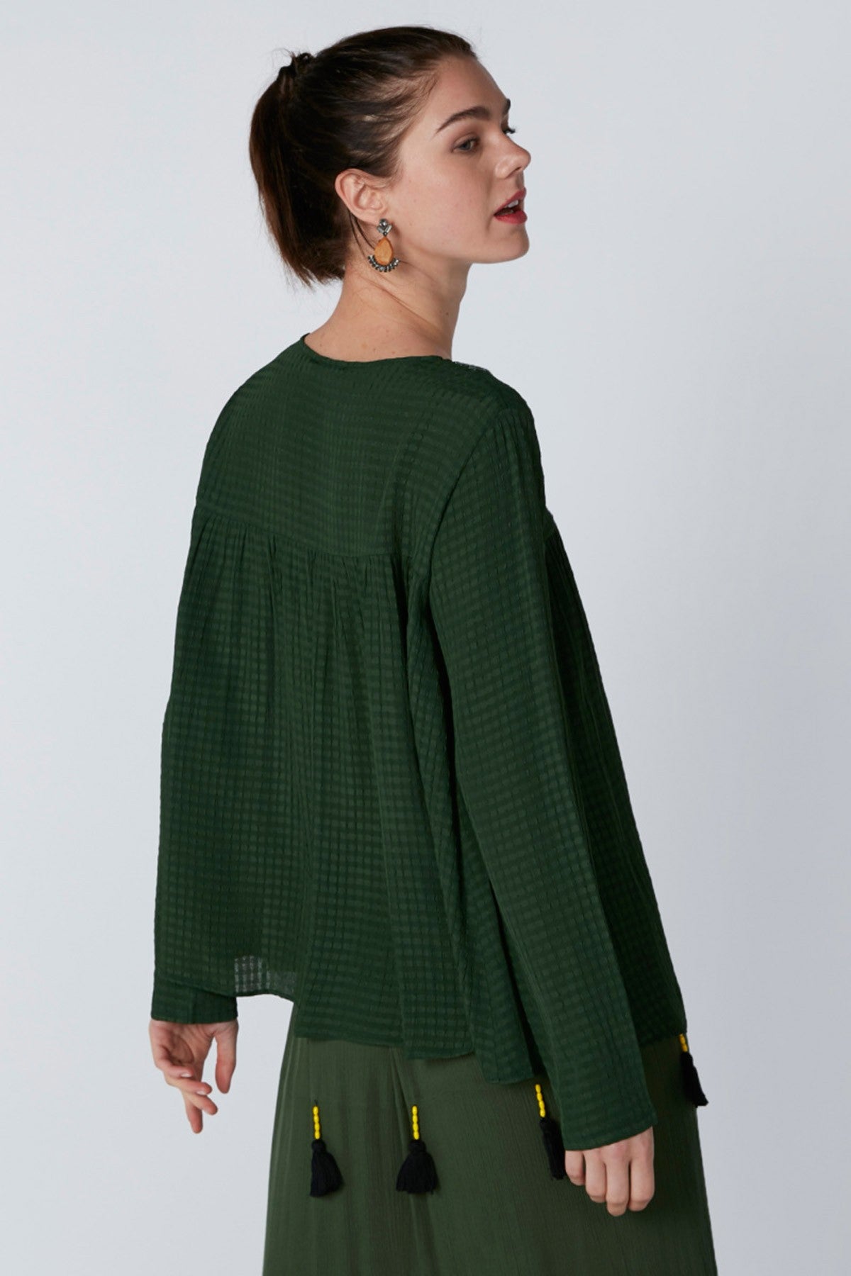 Chequered Top with Long Sleeves and Tassels