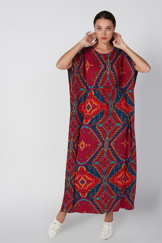 Printed Cold Shoulder Kaftan Maxi Dress with Round Neck