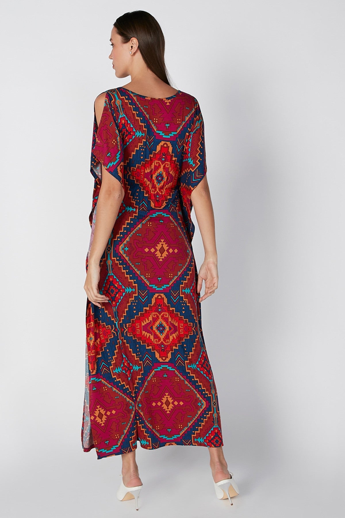 Printed Cold Shoulder Kaftan Maxi Dress with Round Neck