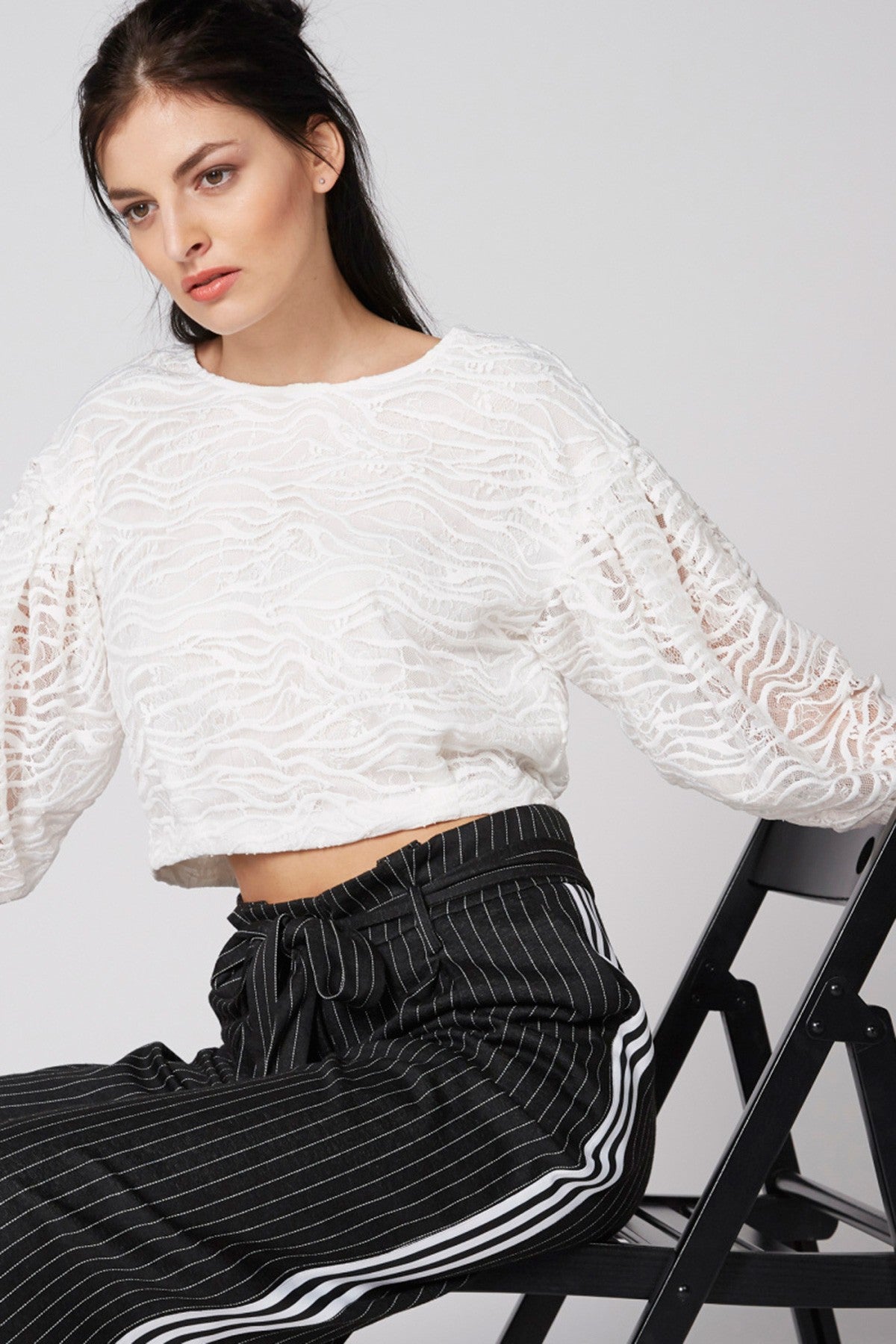 Lace Crop Top with Round Neck and 3/4 Sleeves