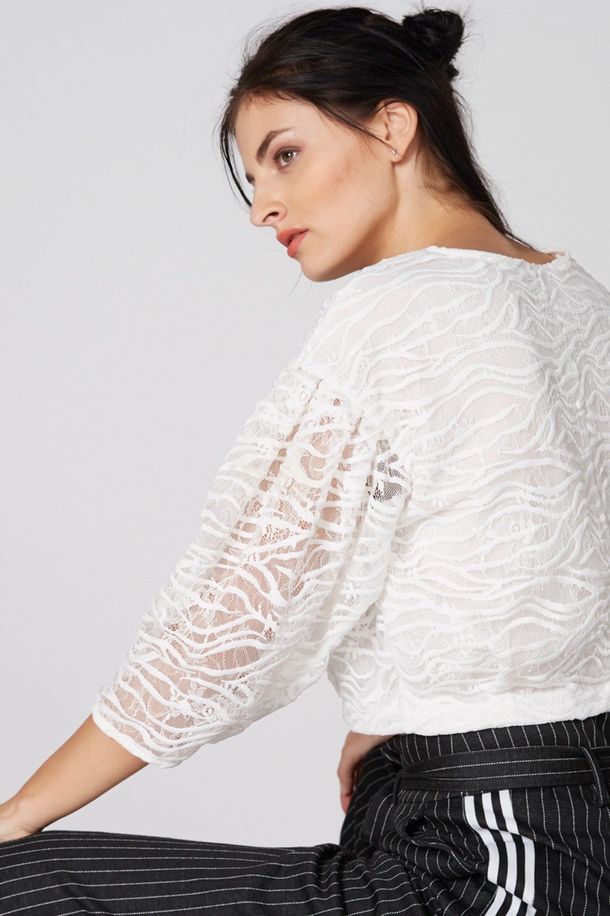 Lace Crop Top with Round Neck and 3/4 Sleeves