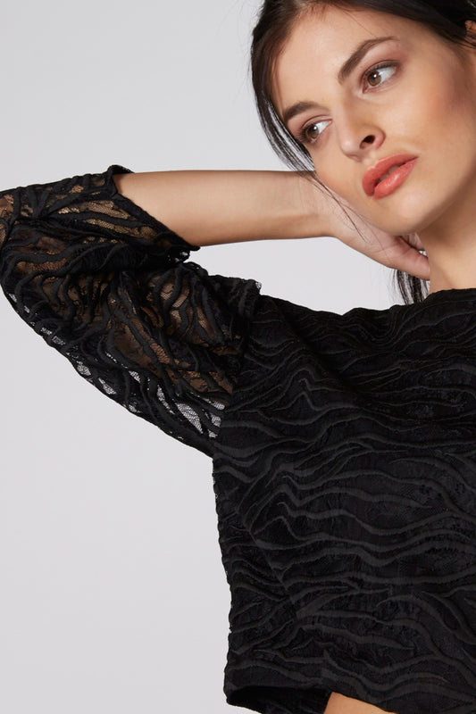 Lace Crop Top with Round Neck and 3/4 Sleeves