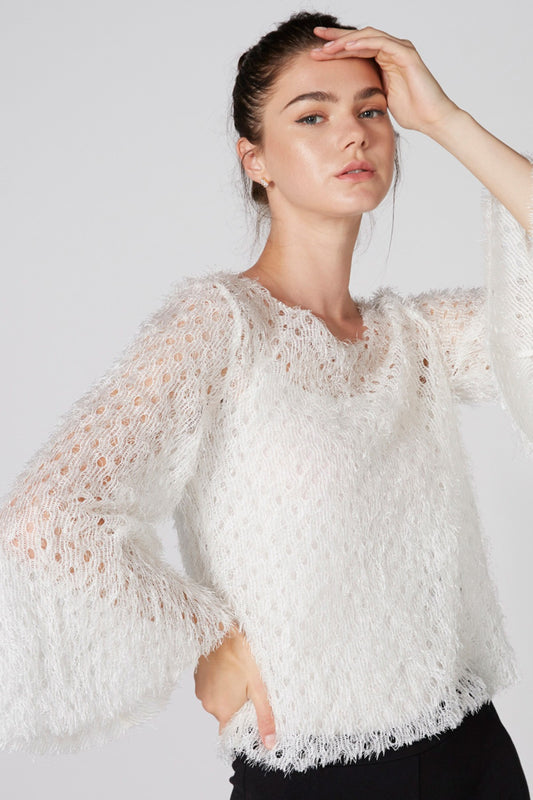 Textured Sweater with Round Neck and Long Flared Sleeves
