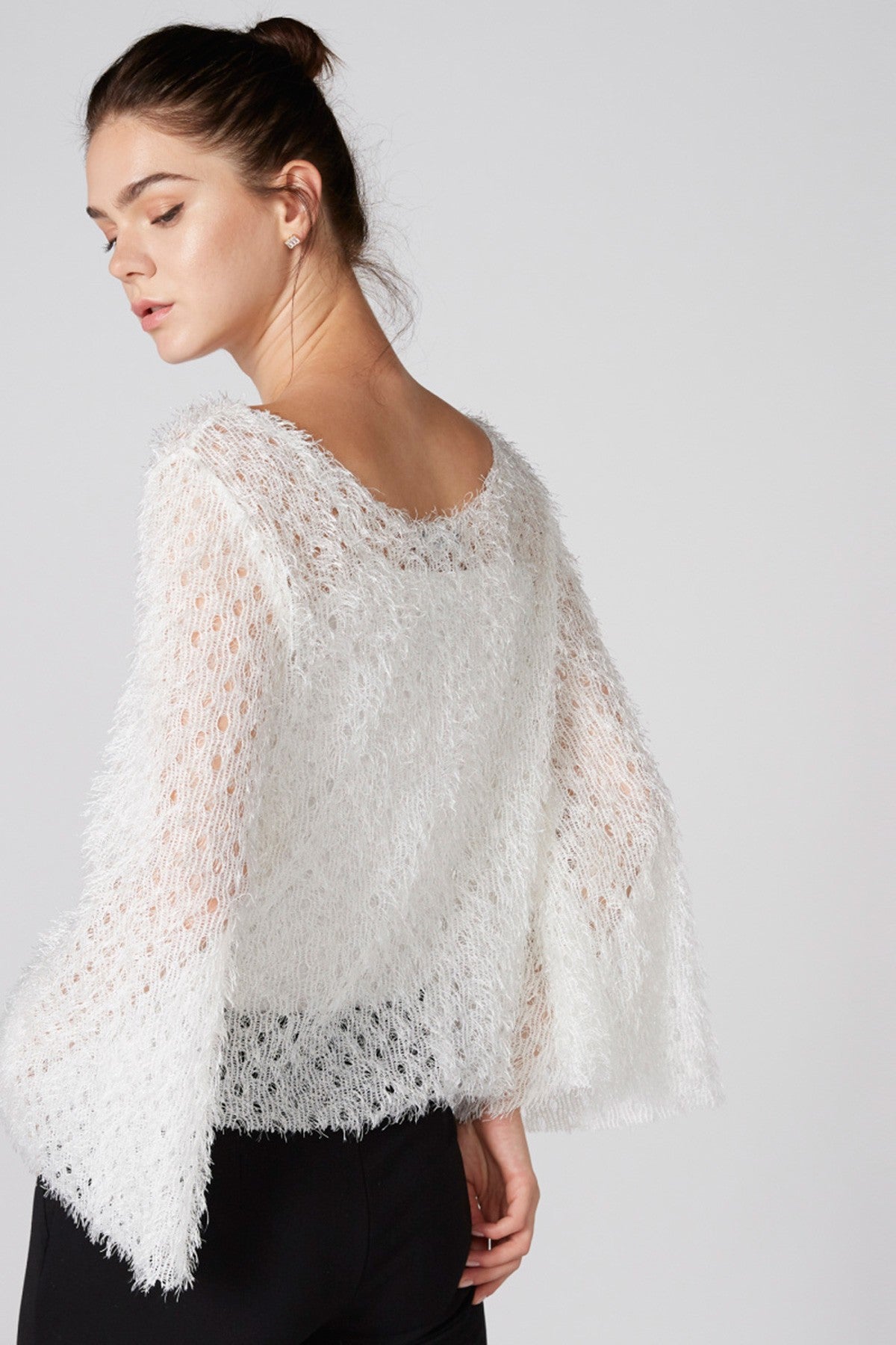 Textured Sweater with Round Neck and Long Flared Sleeves