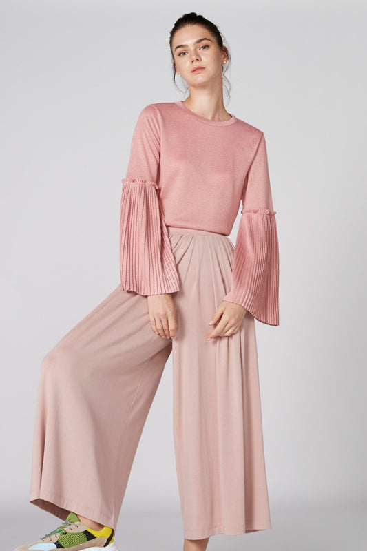 Pleated Long Sleeves Top with Round Neck