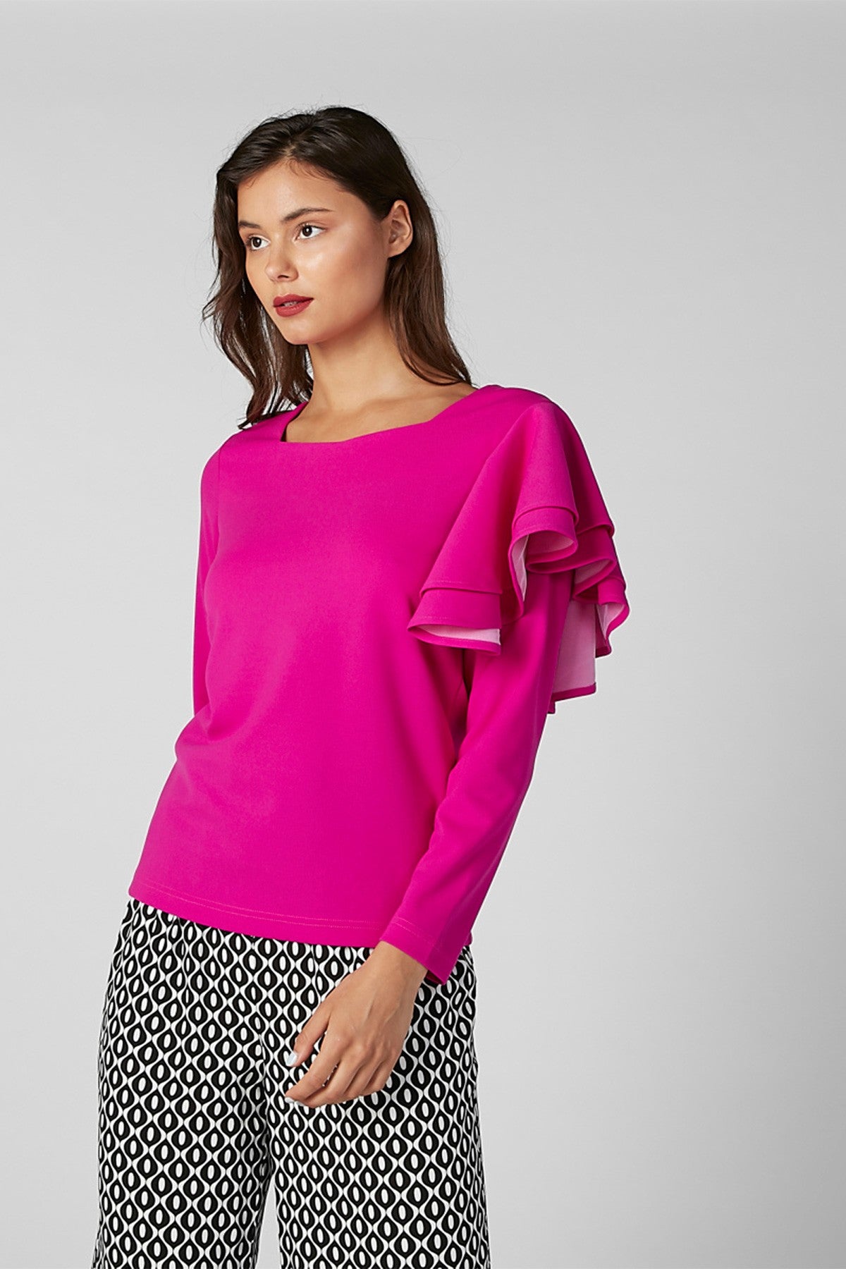 Plain Top with Long Sleeves and Ruffle Detail