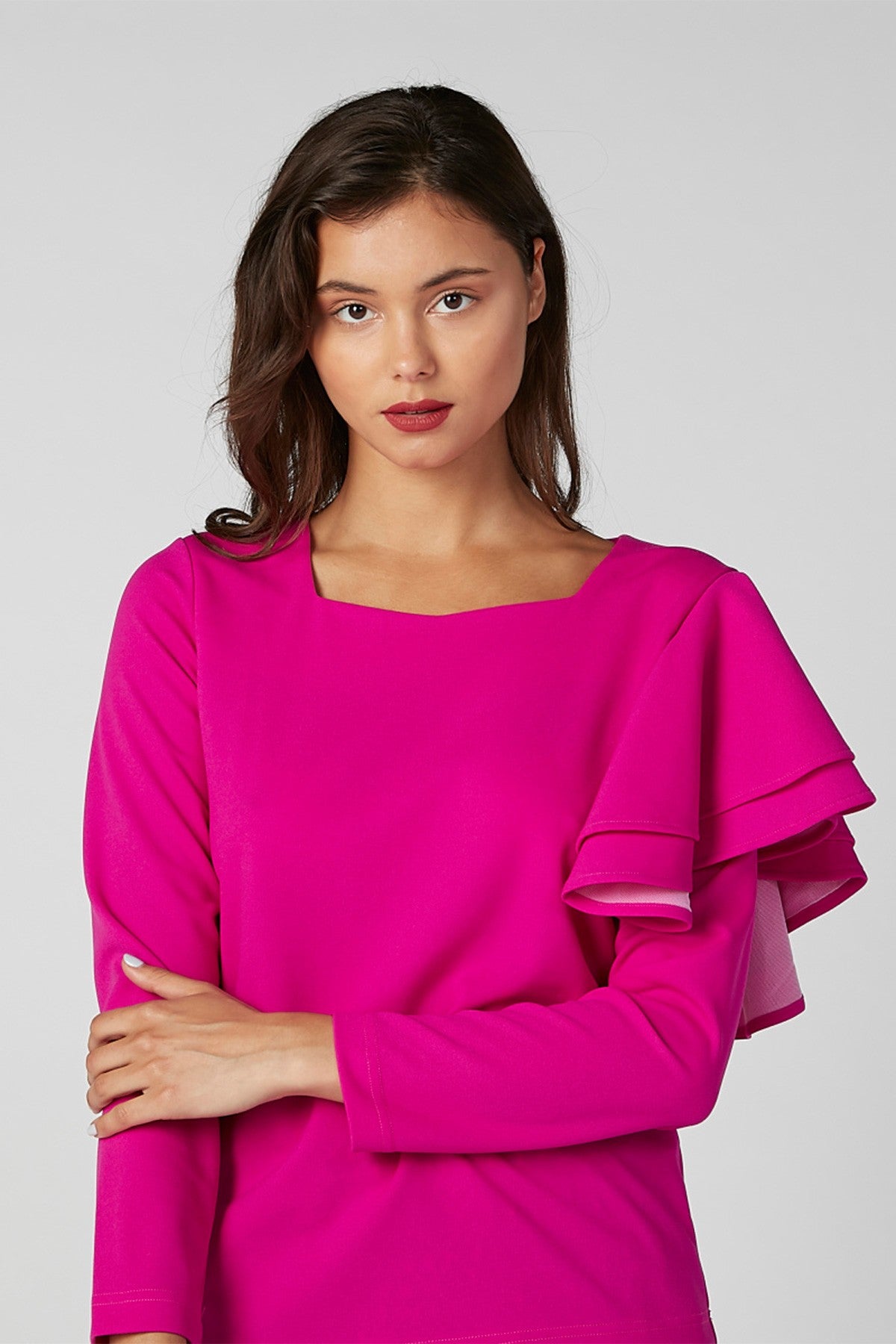 Plain Top with Long Sleeves and Ruffle Detail