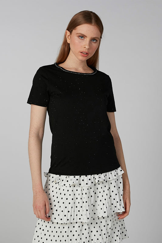 Embellished T-shirt with Round Neck and Short Sleeves