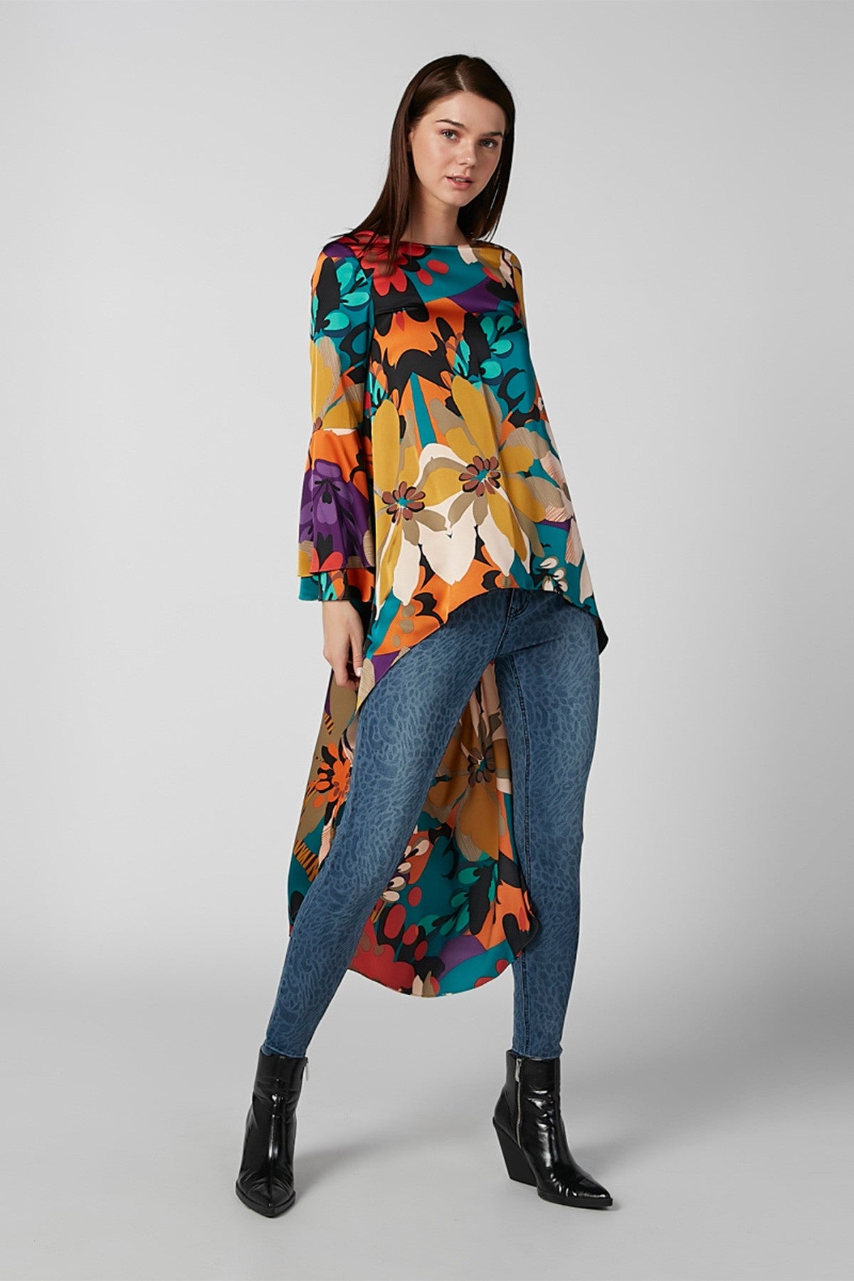 Printed Top with Bell Sleeves and High Low Hem
