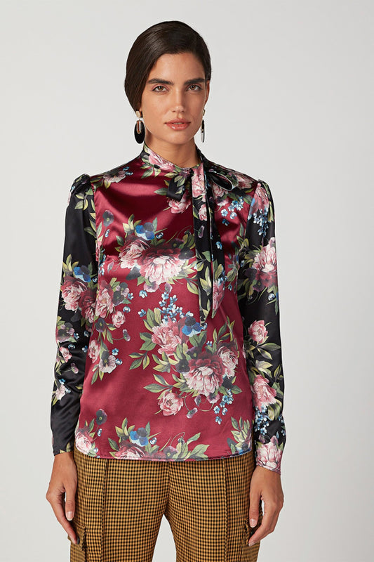 Sustainability Printed Top with Necktie and Long Sleeves
