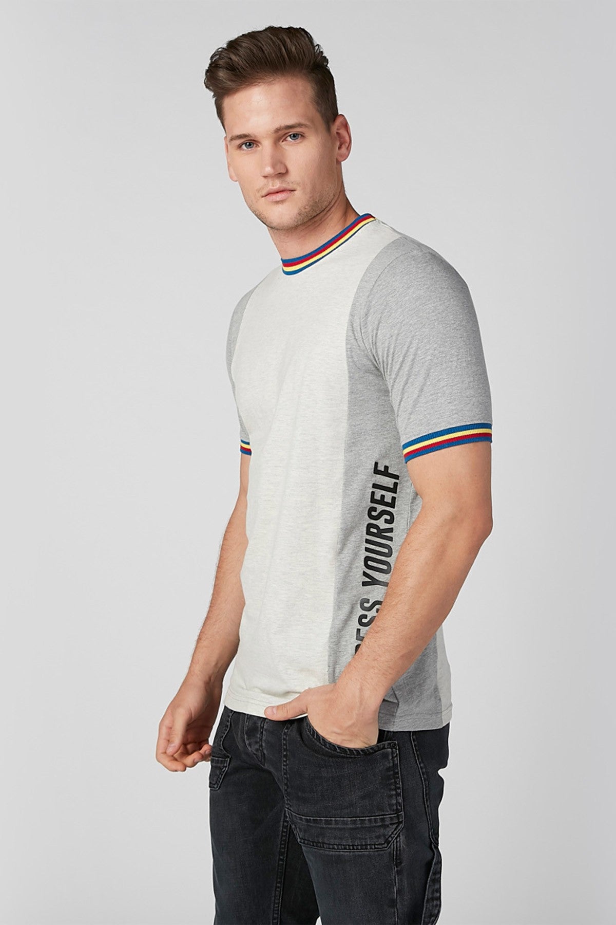 Smiley World Colourblock T-shirt with Striped Neckline and Sleeve Hems