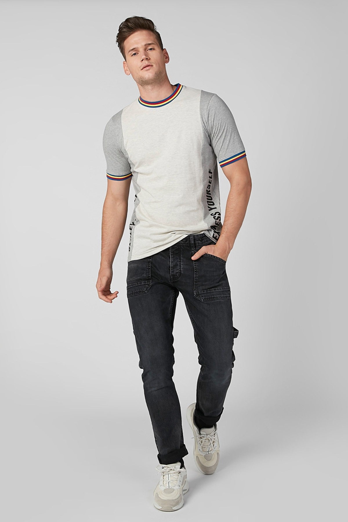 Smiley World Colourblock T-shirt with Striped Neckline and Sleeve Hems