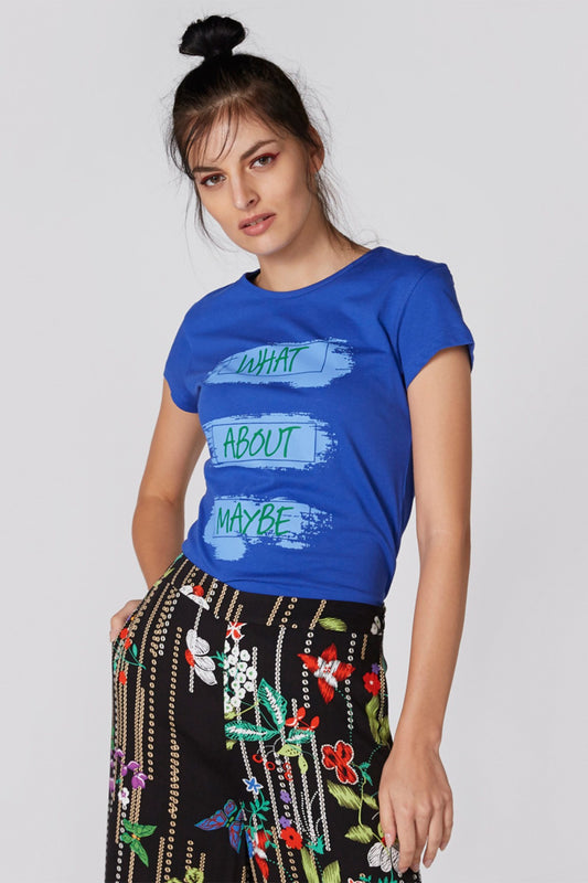 Printed T-Shirt with Round Neck and Cap Sleeves