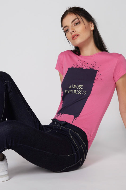 Printed T-Shirt with Round Neck and Cap Sleeves