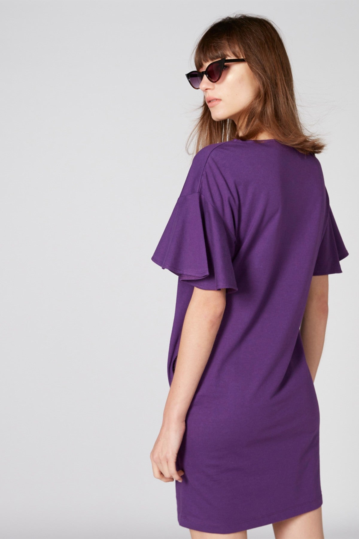 V-Neck Dress with Flared Sleeves and Pocket Detail