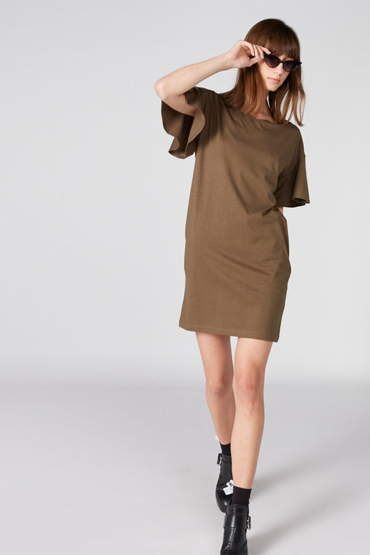 V-Neck Dress with Flared Sleeves and Pocket Detail