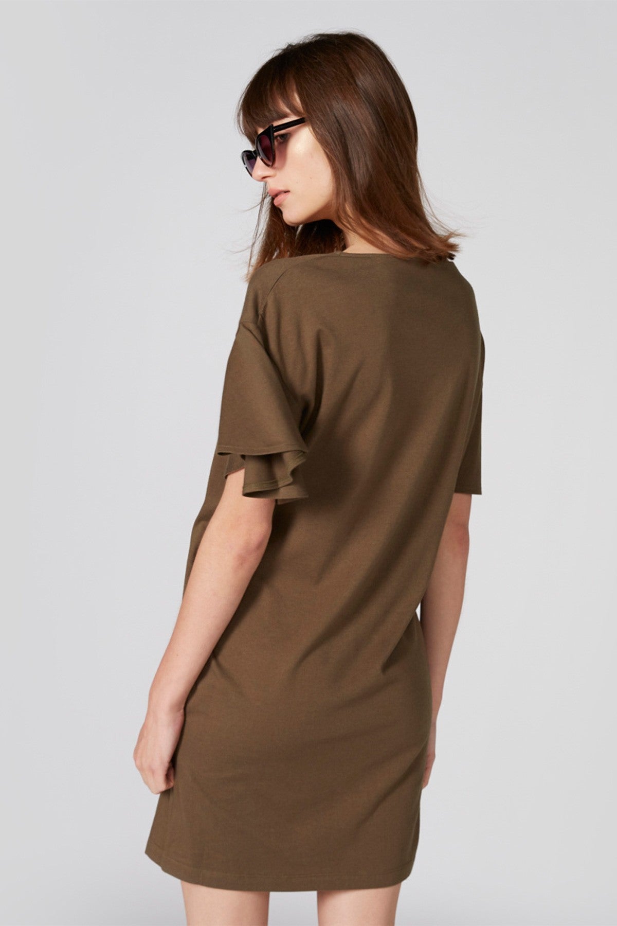 V-Neck Dress with Flared Sleeves and Pocket Detail