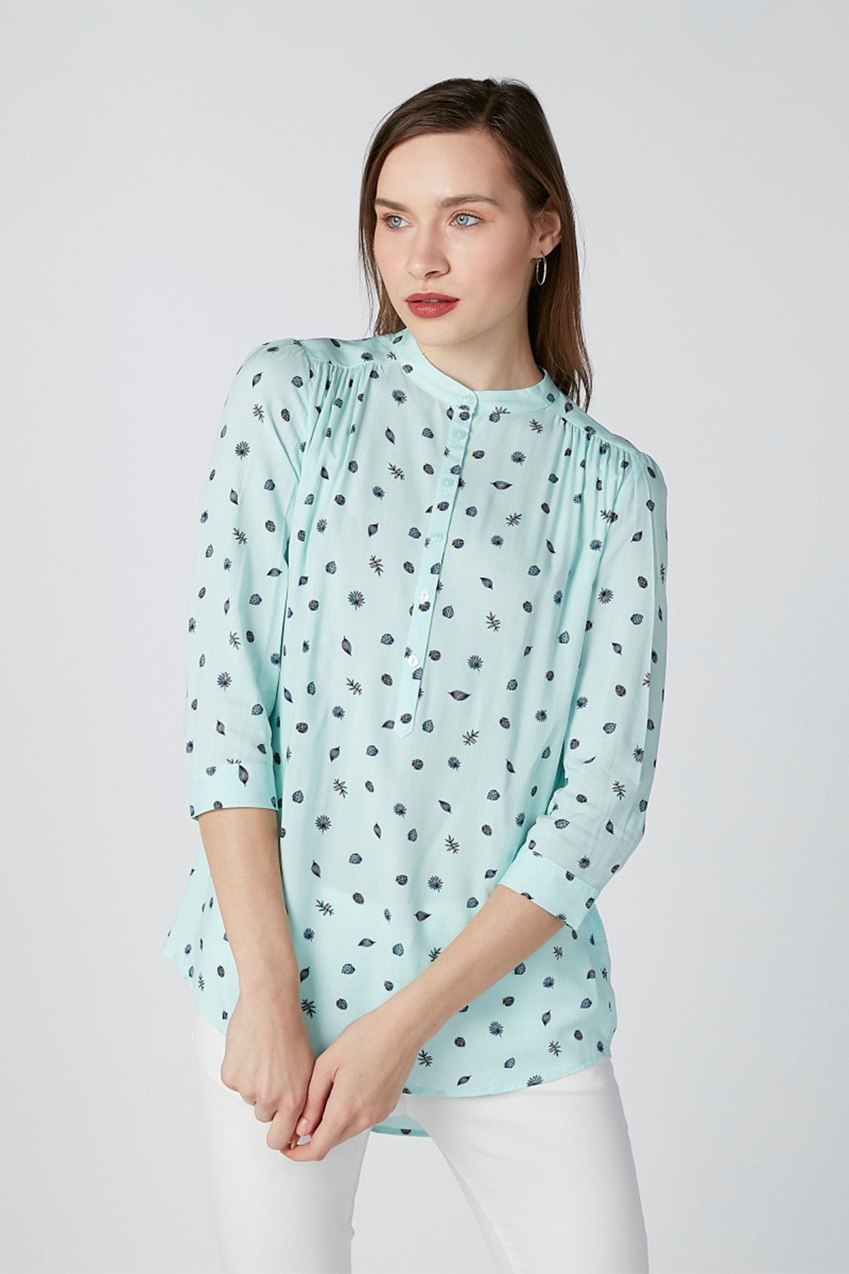 Printed Top with Mandarin Collar and 3/4 Sleeves