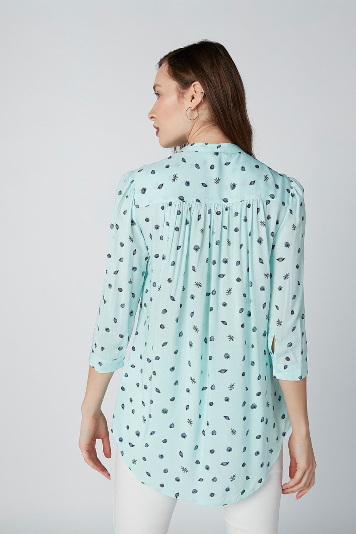 Printed Top with Mandarin Collar and 3/4 Sleeves