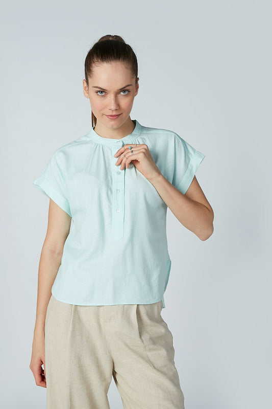 Solid Top with Mandarin Collar and Cap Sleeves