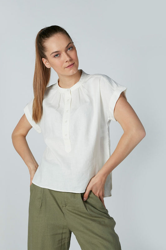 Solid Top with Mandarin Collar and Cap Sleeves