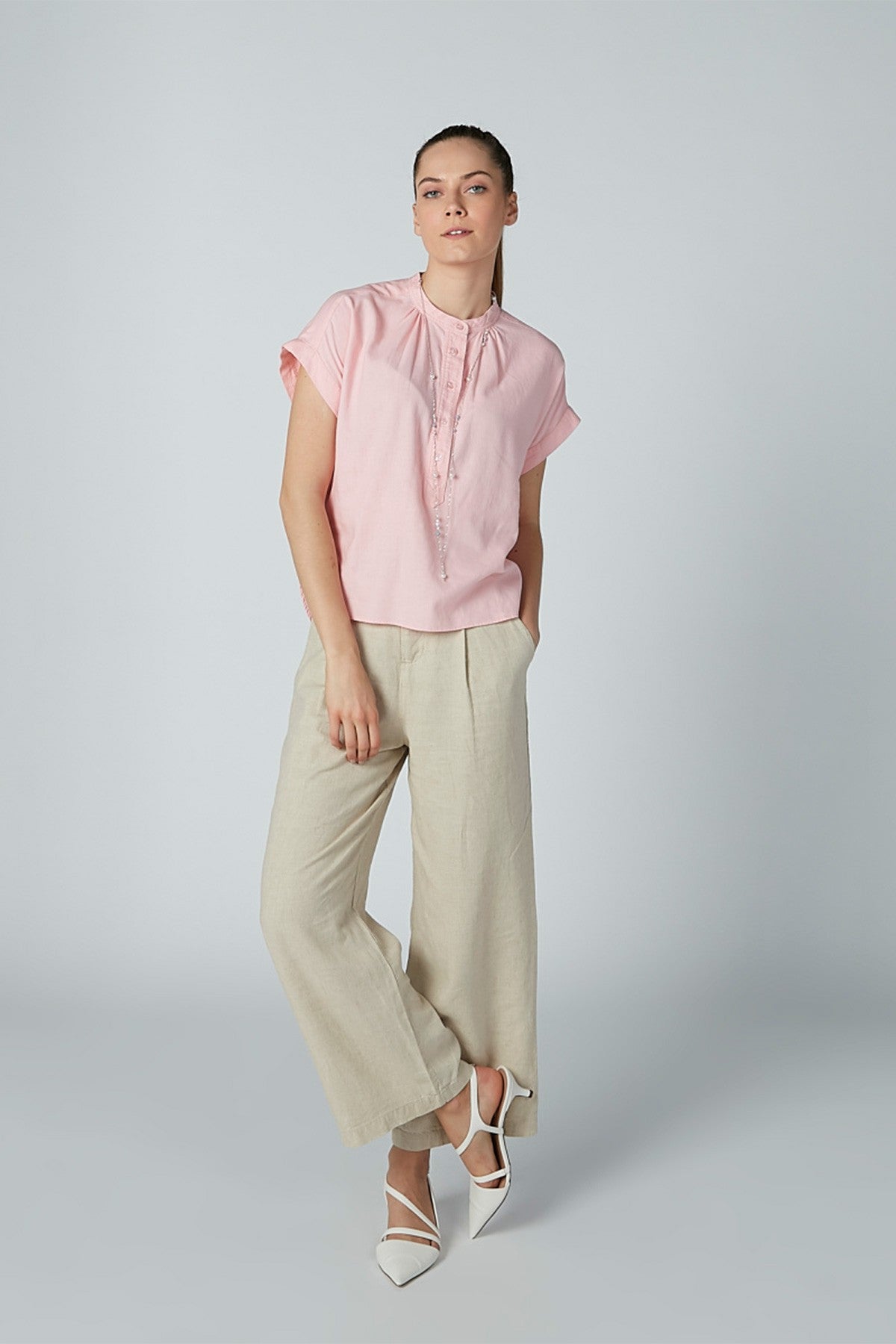 Plain Top with Henley Neck and Cap Sleeves