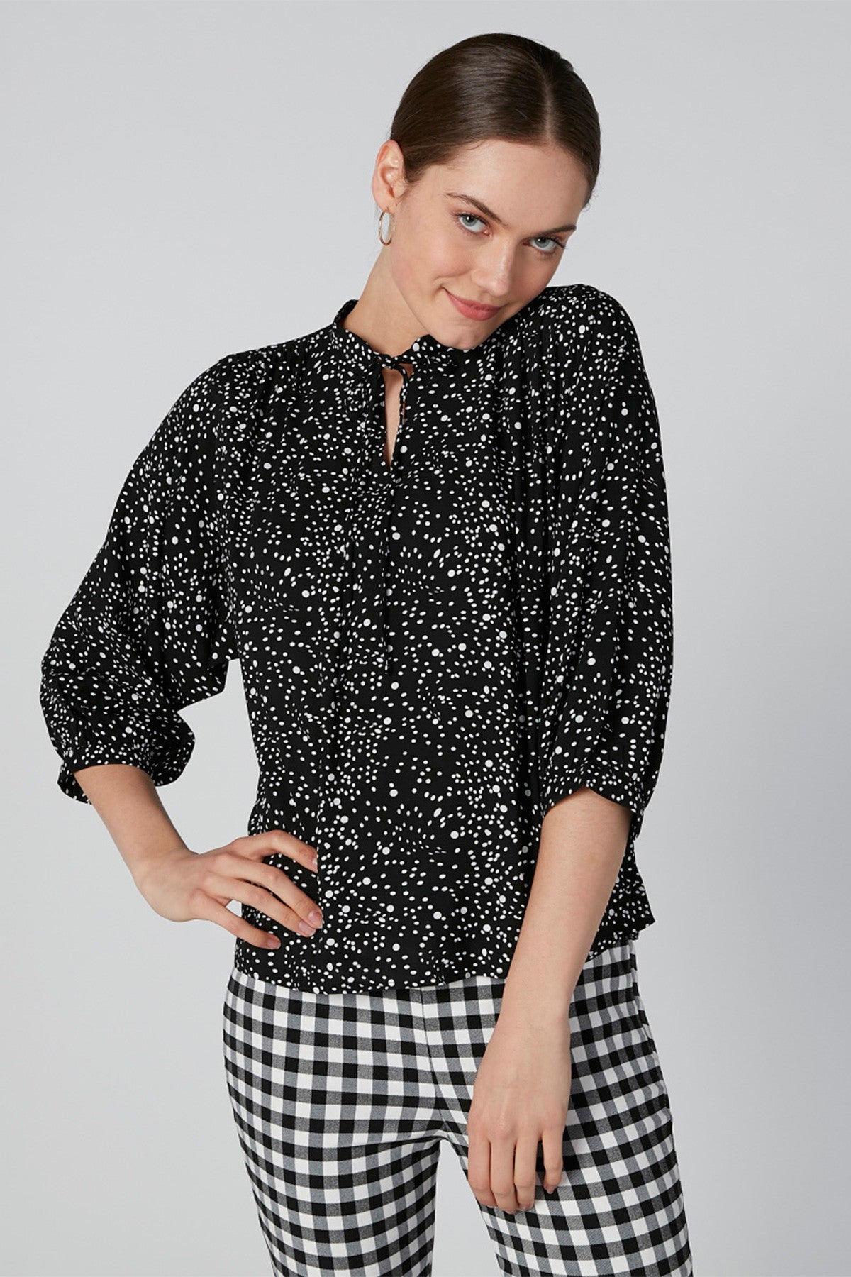 Printed Top with Mandarin Collar and Tie Ups