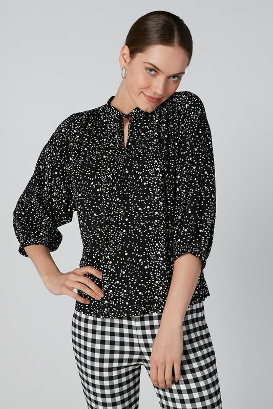 Printed Top with Mandarin Collar and Tie Ups