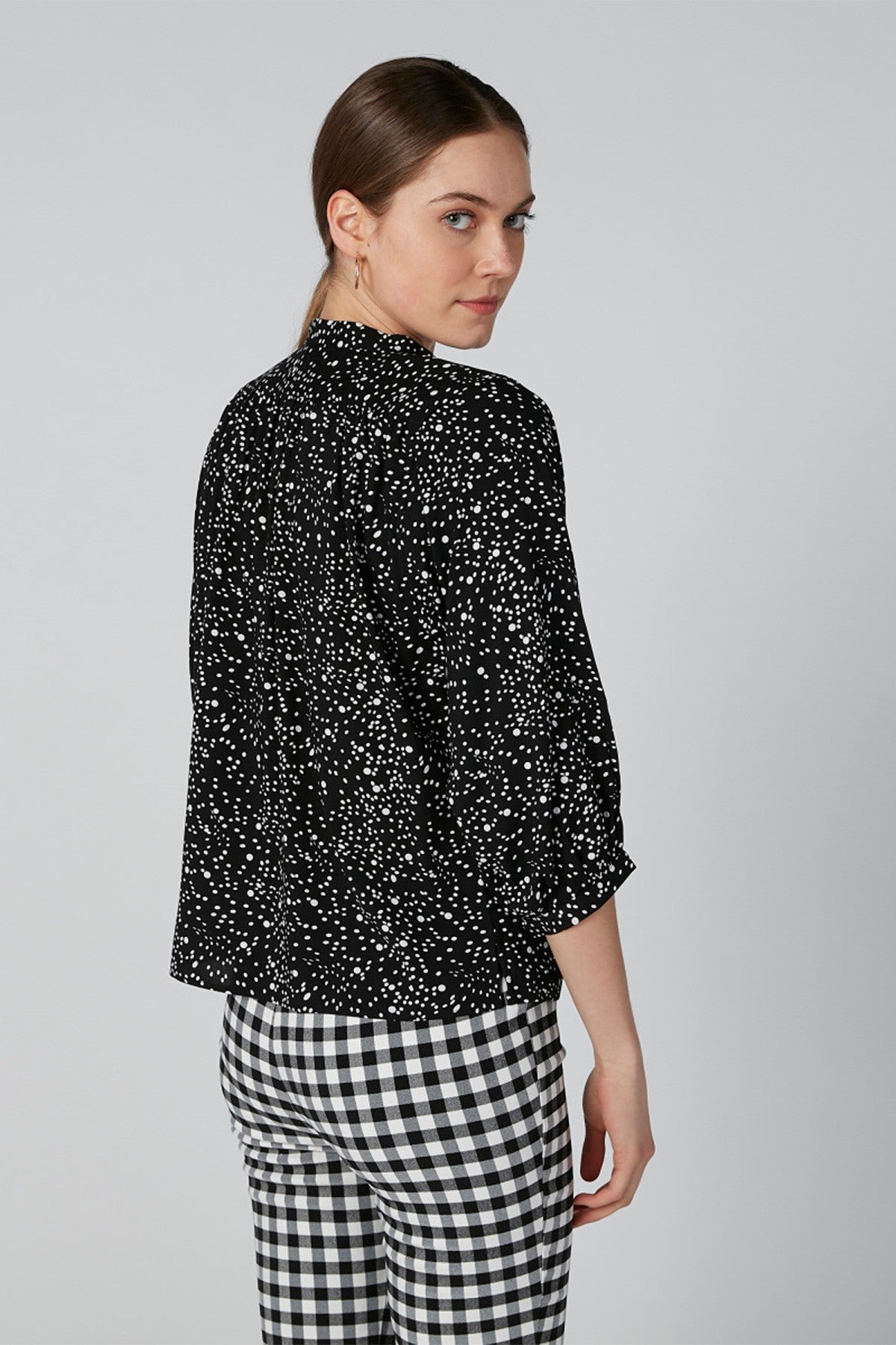 Printed Top with Mandarin Collar and Tie Ups