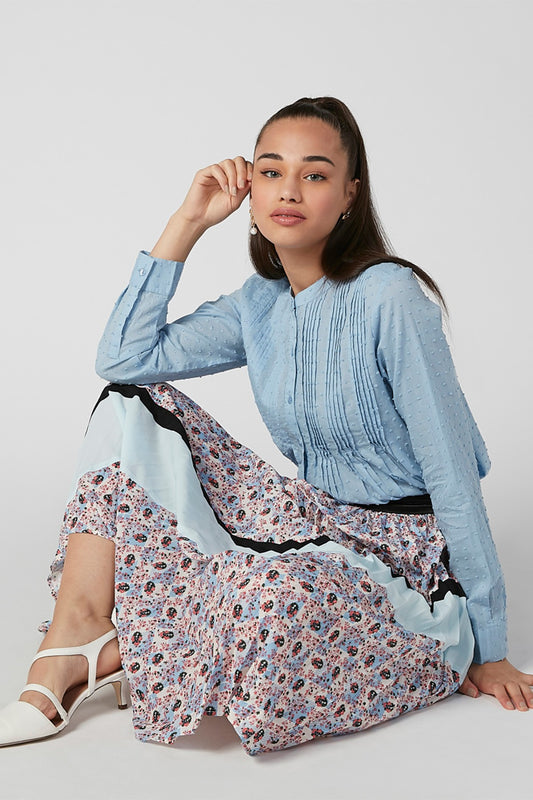 Textured Top with Mandarin Collar and Long Sleeves