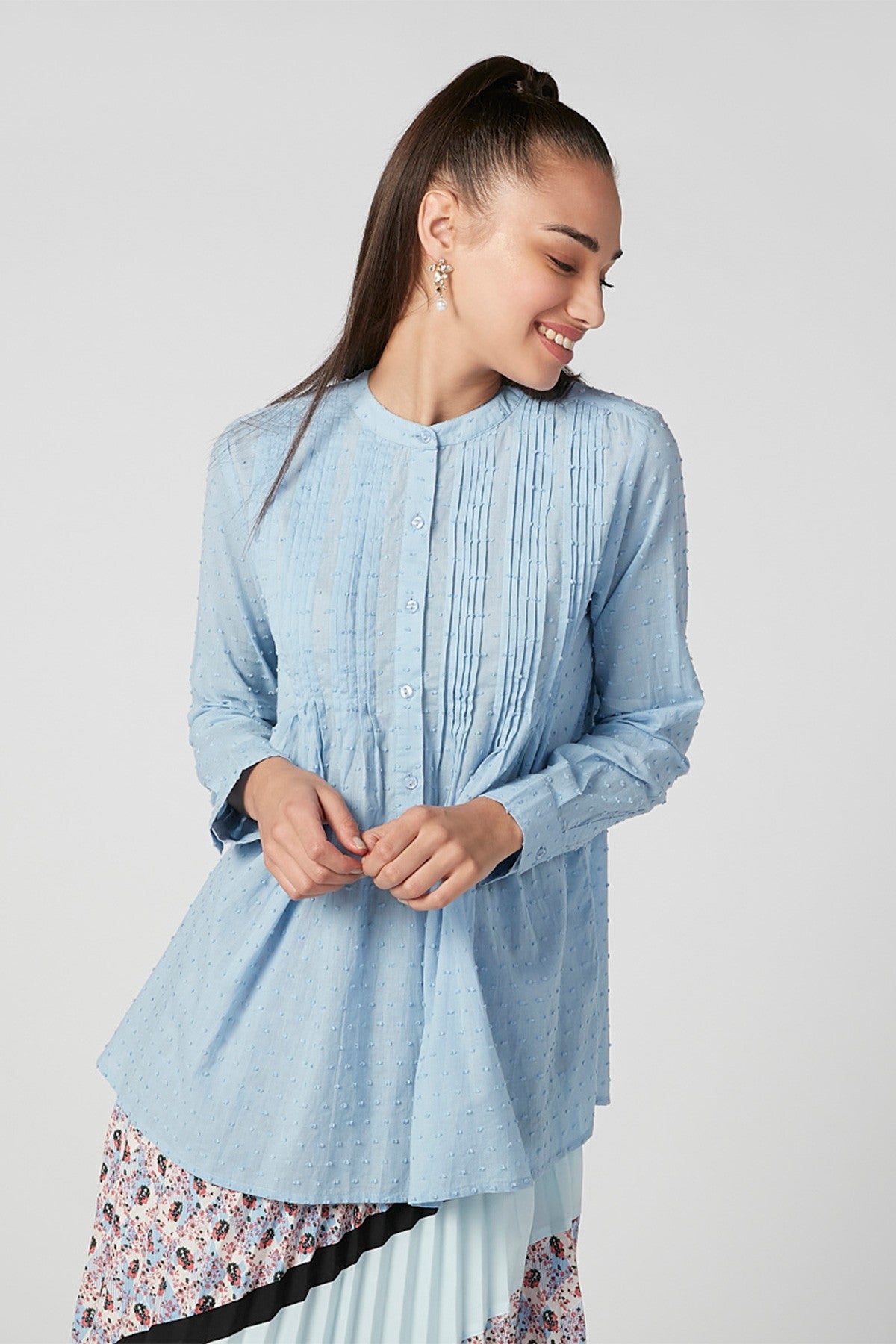 Textured Top with Mandarin Collar and Long Sleeves