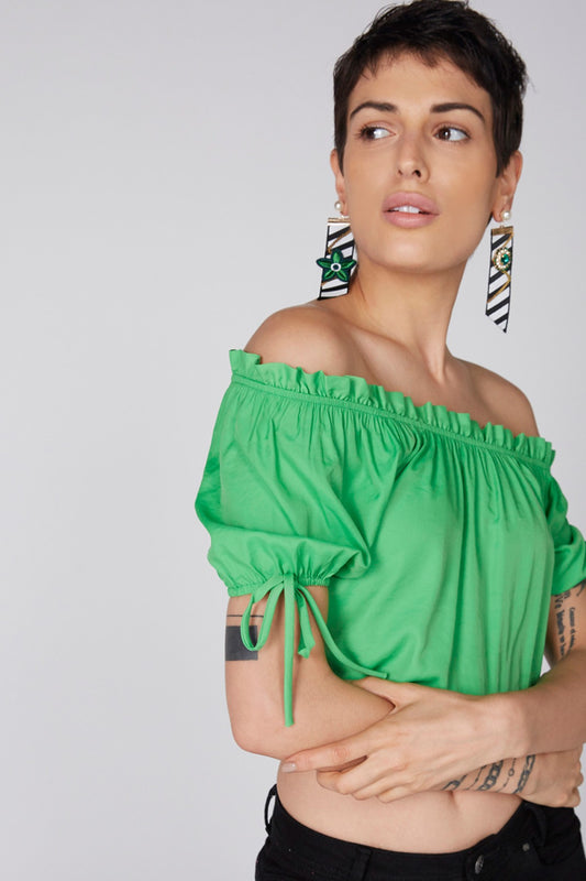 Off Shoulder Crop Top with Smocking and Tie-Up Detail