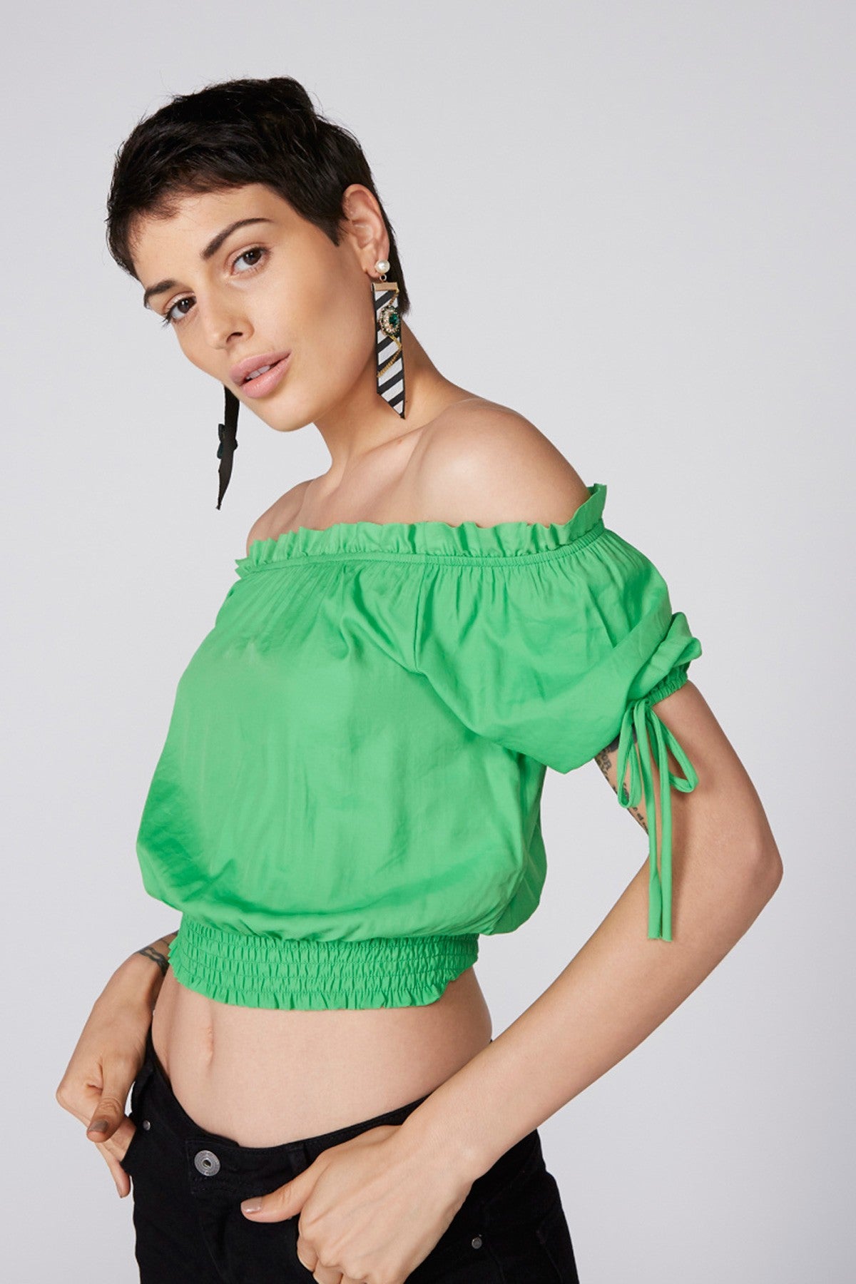 Off Shoulder Crop Top with Smocking and Tie-Up Detail