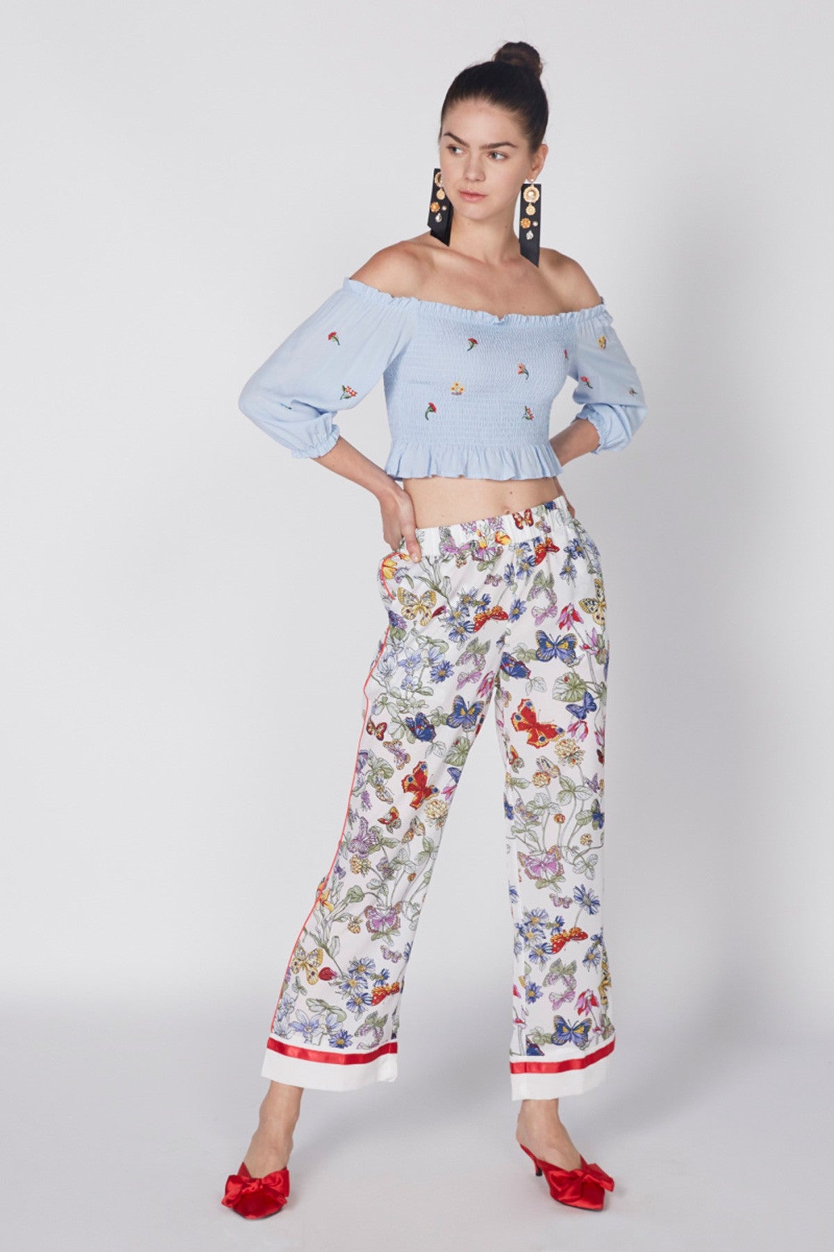 Embroidered Off Shoulder Crop Top with Smocking Detail
