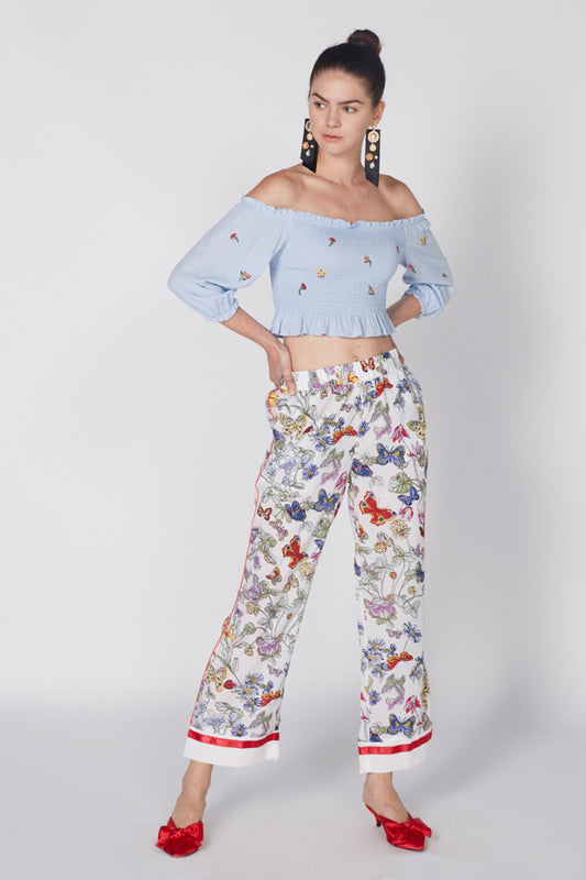 Embroidered Off Shoulder Crop Top with Smocking Detail