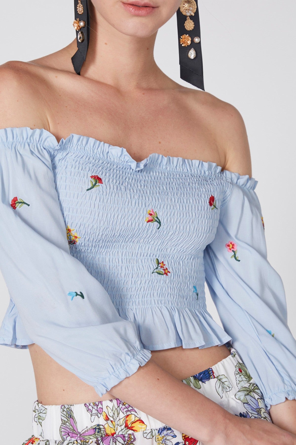 Embroidered Off Shoulder Crop Top with Smocking Detail