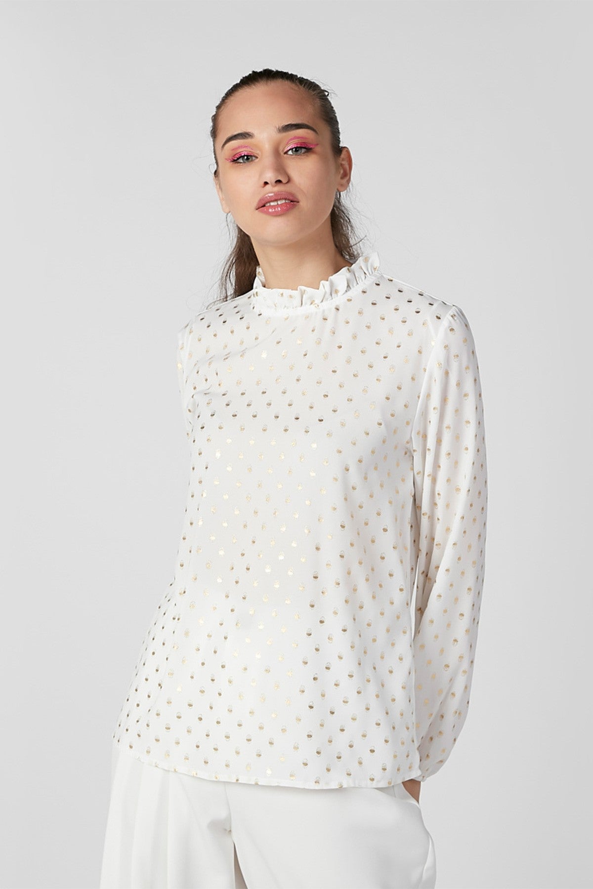 Printed Top with High Neck and Bishop Sleeves