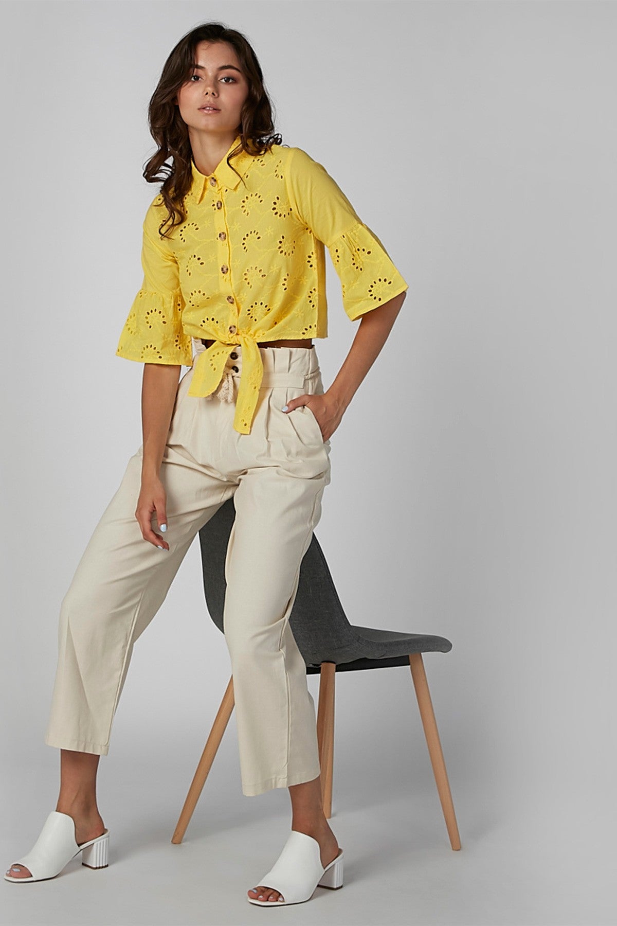 Schiffli Crop Shirt with Tie Ups and Short Sleeves