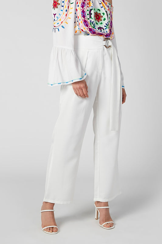 Full Length Plain Mid Waist Trousers with D-Ring Belt