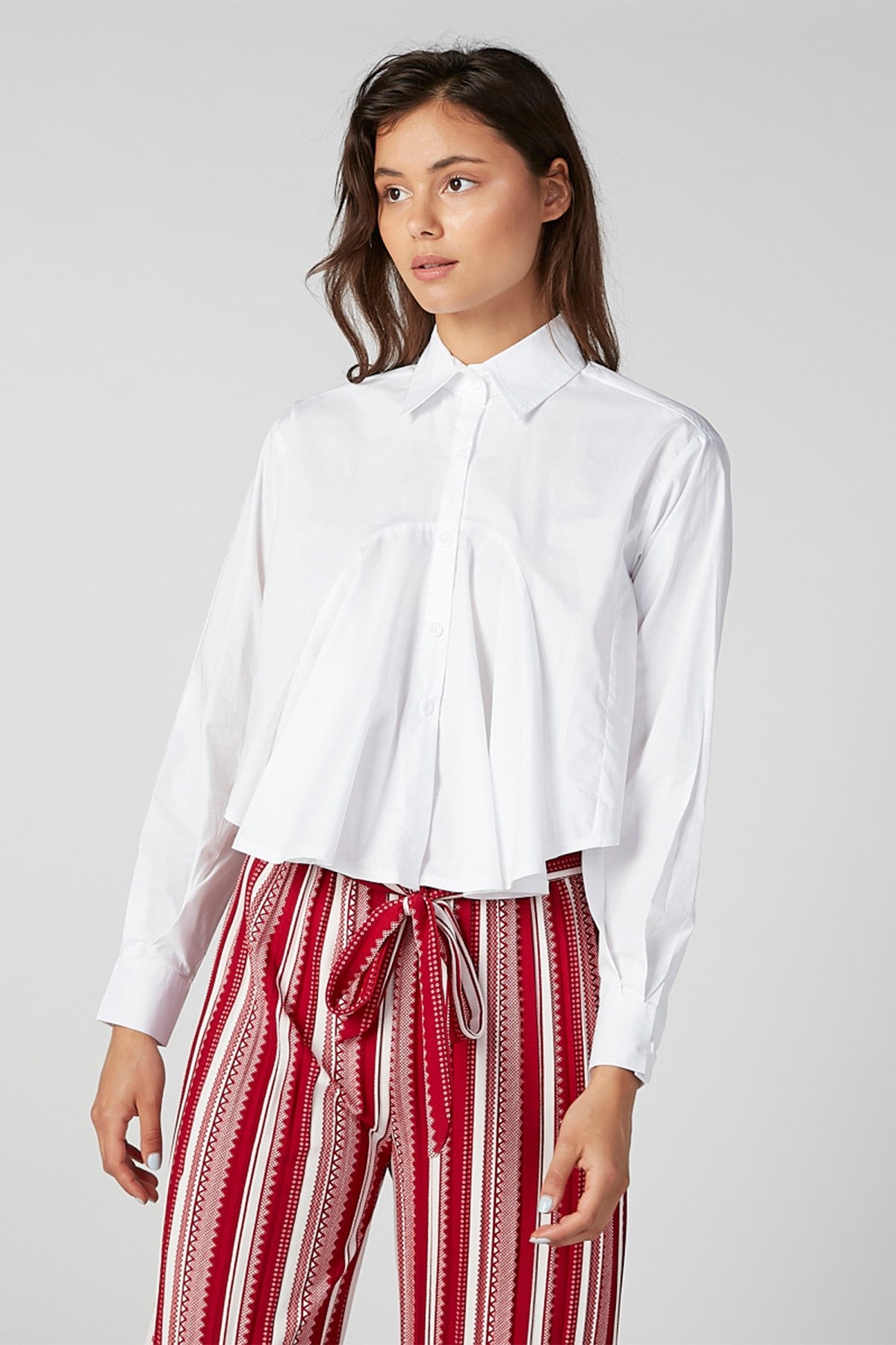 Solid Flared Shirt with Spread Collar and Long Sleeves