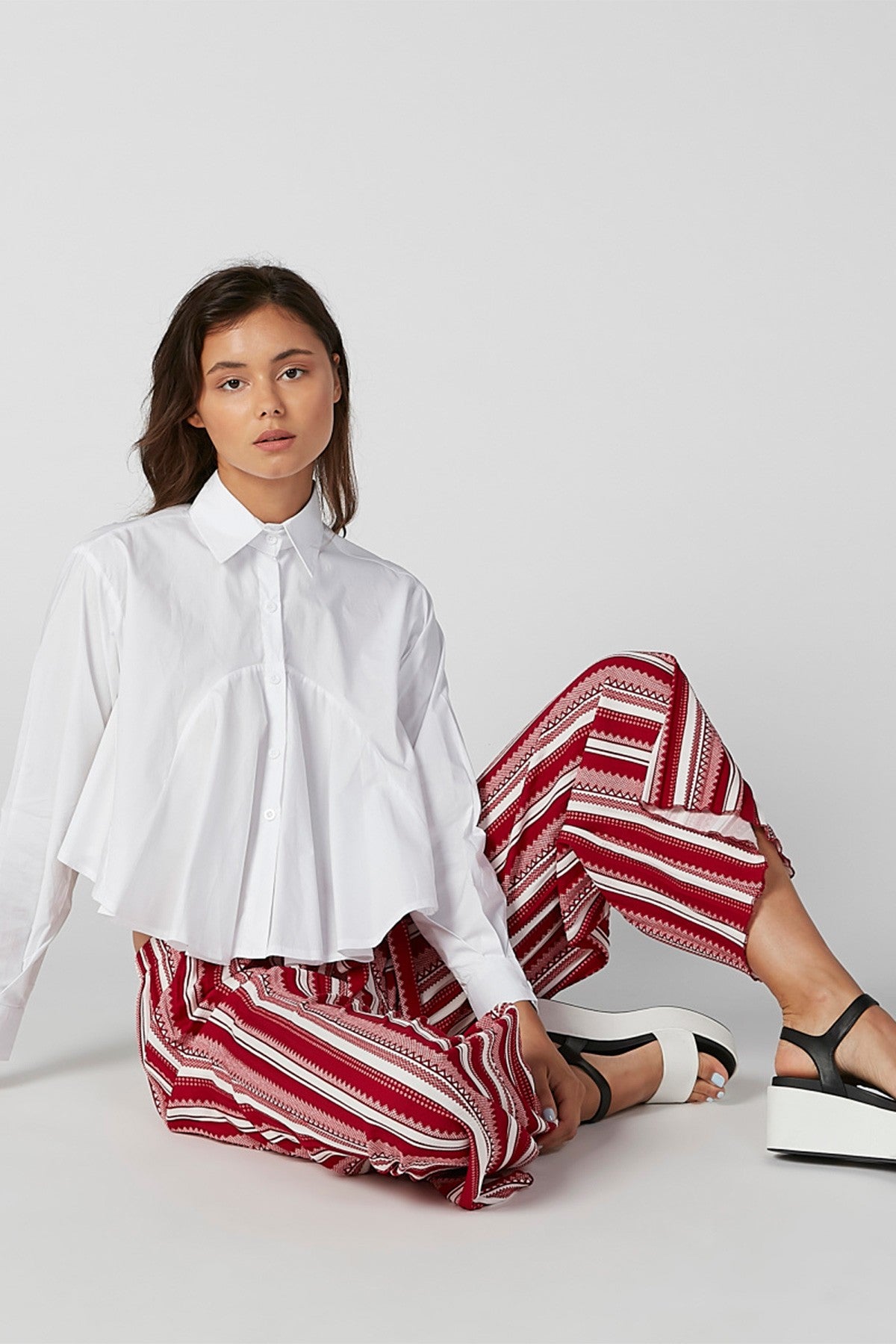 Solid Flared Shirt with Spread Collar and Long Sleeves