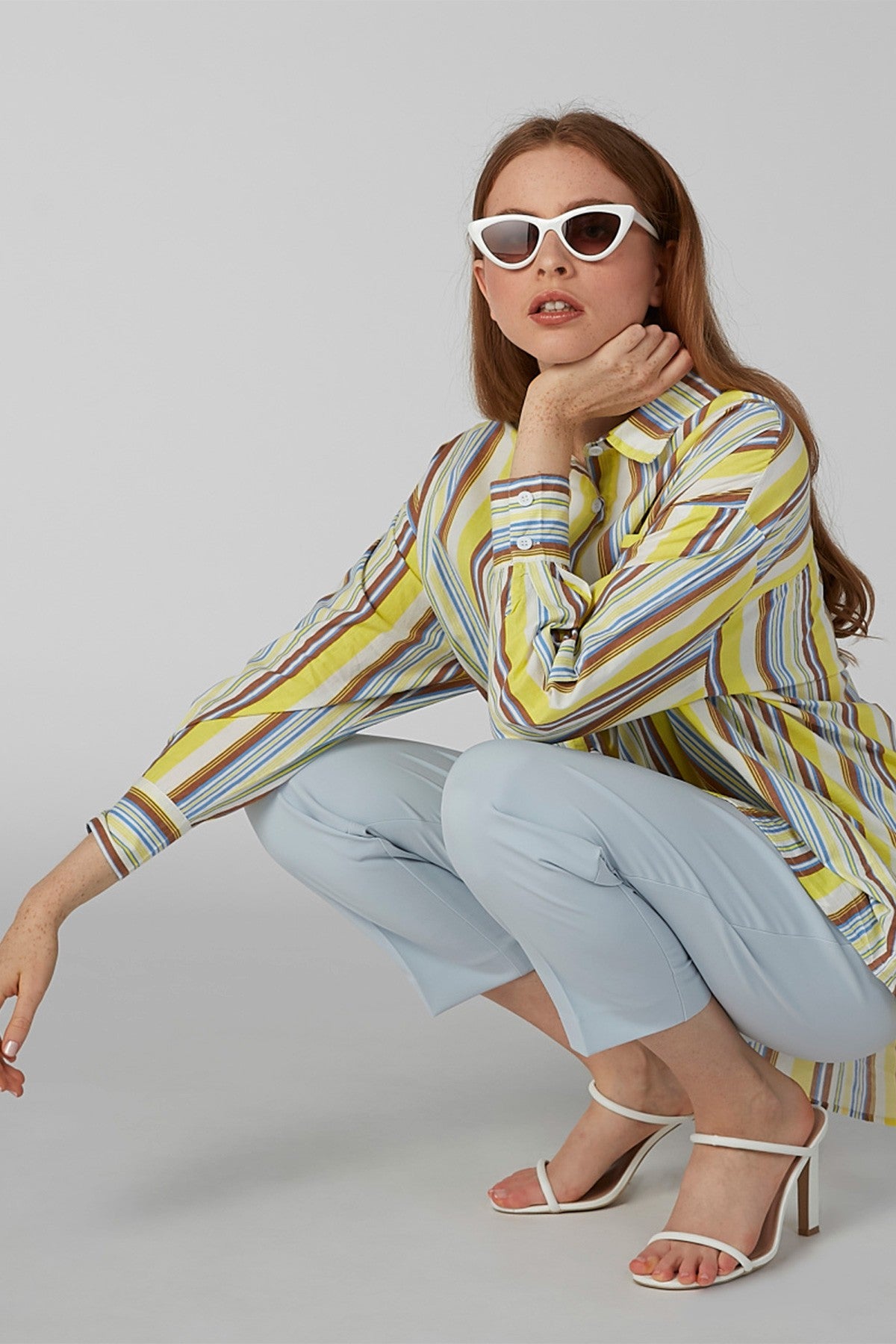 Striped Shirt with Long Sleeves and High Low Hem