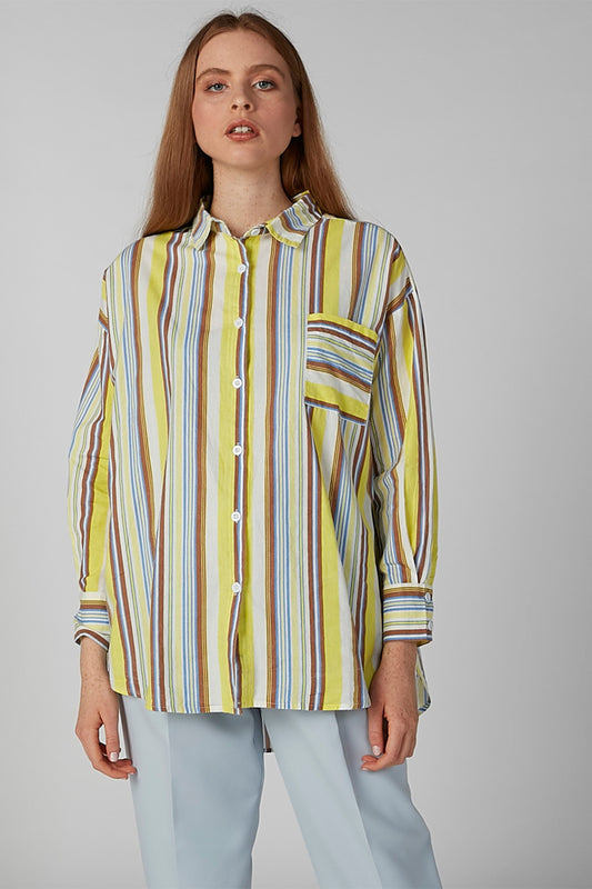 Striped Shirt with Long Sleeves and High Low Hem