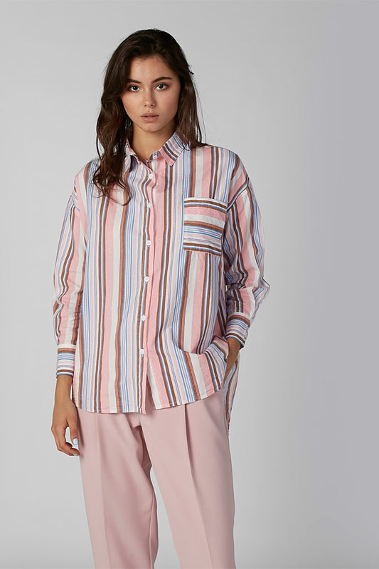 Striped Shirt with Spread Collar and Long Sleeves