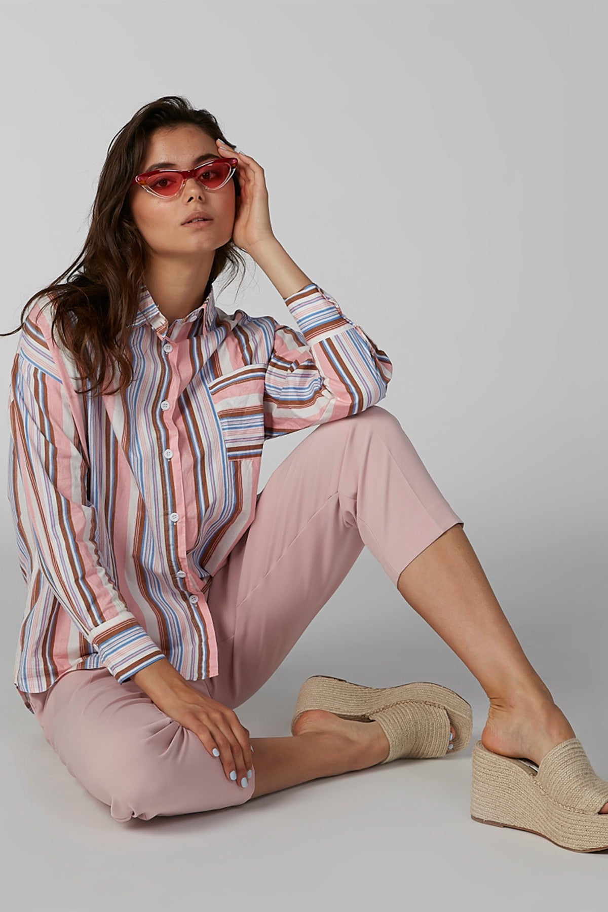 Striped Shirt with Spread Collar and Long Sleeves