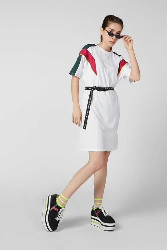 Colour Block Midi T-shirt Dress with Short Sleeves and Printed Belt