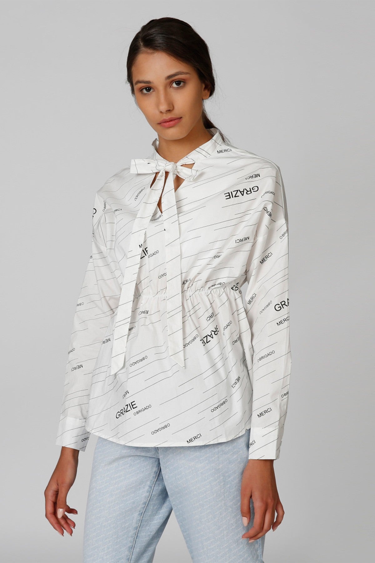 Printed Top with Long Sleeves and Tie Ups