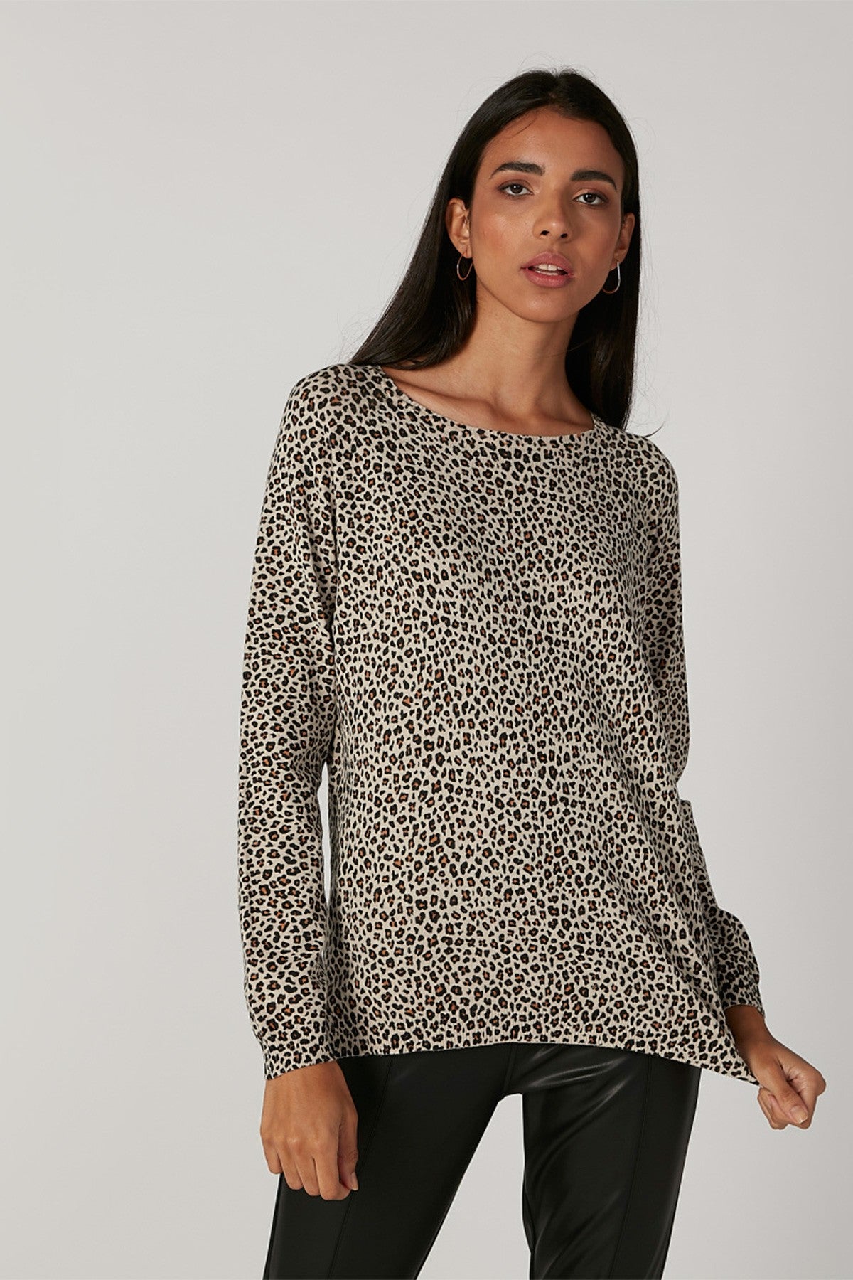 Animal Print Sweater with Boat Neck and Long Sleeves