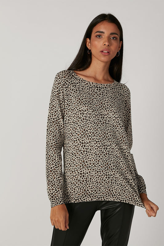 Animal Print Sweater with Boat Neck and Long Sleeves